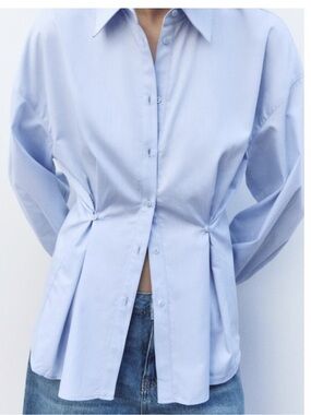 Zara Light Blue Button-Down Peplum Shirt